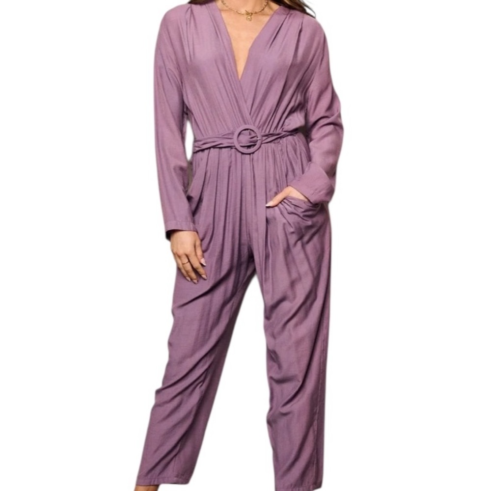 FEEL IN WOMEN'S LONG SLEEVE V-NECK SURPLICE FRONT POCKETS BELTED JUMPSUIT